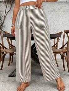 SHEIN VCAY Low Waist Striped Plus Size Women Casual Loose Wide Leg Pants - Multicolor - View 4