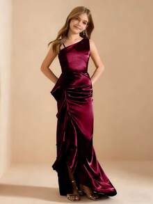 Wedding Season Girls' Solid Color Spaghetti Strap Square Neck Fitted Slit Patchwork Ruffle Hem Long Dress For Ball, Performance, Birthday Party, Banquet, Christmas - Burgundy - View 7
