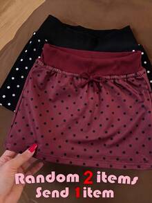SHEIN Tween女孩小波點針織裙，內建內搭褲，休閒抽繩裙 - 酒紅色 - 查看 6