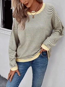 SHEIN LUNE 條紋圖案對比滾邊落肩毛衣 - 黃色 - 查看 3