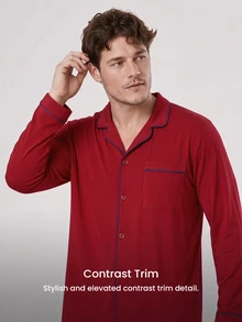 LUVLETTE Plus Size  Soft 100% Pure Cotton Red Basic Long Sleeve Button-Up Top & Pants Pajama Sets For Men Lounge With Pockets Pajamas Christmas & New Years - Red - View 4