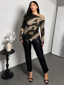 Firerie Plus Size Tie-Dye Asymmetrical Hem Asymmetrical Shoulder T-Shirt, Autumn/Winter - Multicolor - View 4