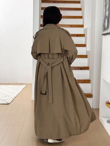 SHEIN EZwear 女款休閒法式優雅日常春秋款翻領雙排扣長版風衣 教師節辦公穿搭卡其色 - 棕色 - 查看 2
