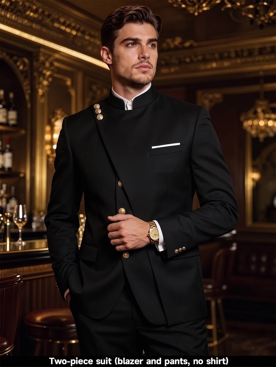 Manfinity Bizformal طقم بدلة رجالي فاخر بياقة واقفة أنيقة، مثالي للعمل اليومي والأعمال والحفلات والفعاليات. - الأسود - مشاهدة 1