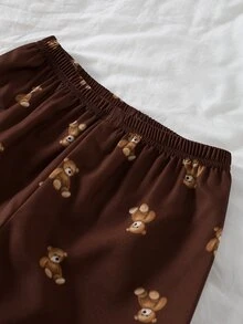 SHEIN 女童杏色羅紋熊圖案長袖上衣與休閒熊圖案長褲居家套裝 節慶穿搭 秋冬款 - 彩色 - 查看 5