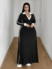 Maweii Plus Size Women's Casual High Elastic Knit Fabric A-Line Long Sleeve Dress, Side Color Block Ribbon Design, Fashionable And Versatile, Suitable For Daily Outings And Street Wear, Slimming Dress, Fashionable And Versatile, Suitable For Outings, Parties, Gatherings, Dates, Romantic Music Festivals And Other Occasions. - Black - View 4