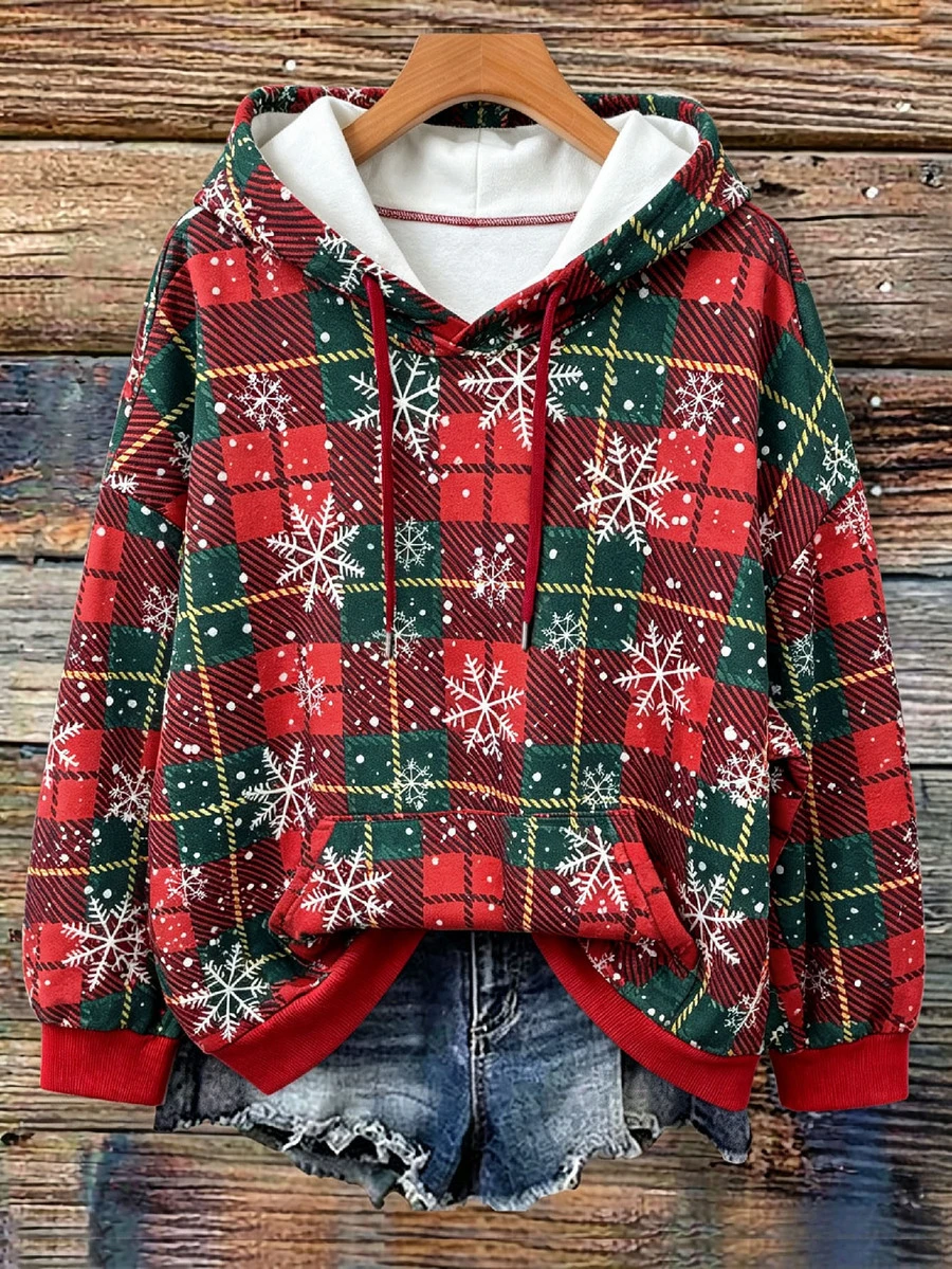 Linhara 大尺碼女款休閒格紋雪花印花寬鬆落肩紅色運動衫,冬季服飾,女款休閒穿搭,聖誕穿搭,適合日常穿著、居家、外出 - 紅色 - 查看 1