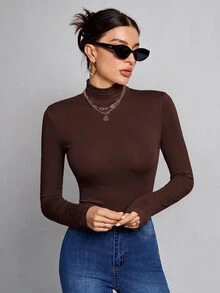 SHEIN Tall 簡約純色修身高領黑色上衣，適合秋冬，高個女性穿著 - 摩卡棕 - 查看 3