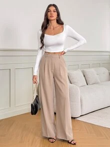 SHEIN Tall 女款黑色高腰寬腿長褲，優雅商務休閒上班西裝褲，高挑百搭純色秋冬老錢風正裝褲 - 駝色 - 查看 9