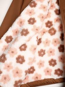 SHEIN Tween女孩兒童冬季棕色花卉保暖內裡拉鍊連帽外套，彈性腰頭，加厚休閒通勤秋冬外套 - 棕色 - 查看 11