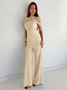 Aloruh Jumpsuit Kasual Wanita dengan Motif Patchwork Renda untuk Pemakaian Sehari-hari - Aprikot - View 6
