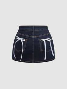 SHEIN MOD 女款蝴蝶結裝飾休閒百搭牛仔裙 - 深色水洗藍 - 查看 1