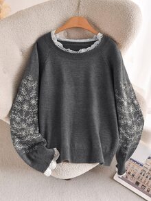 CosyJoli 大尺碼女款花卉刺繡插肩袖休閒寬鬆套頭針織衫，秋冬季 - 深灰色 - 查看 6
