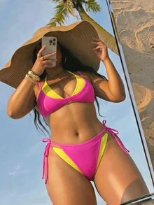 Slaydiva Contrast Color Rose Pink & Yellow Faux Two-Piece Sexy Plus Size Swimsuit Set - Multicolor - View 5