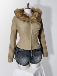 SHEIN ICON Women's Plus Size Zipper Faux Fur Hooded Knit Sweater - Khaki - View 7