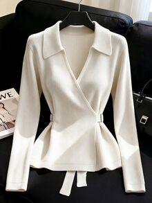 SHEIN Sweater Wanita Lengan Panjang dengan Gesper Persegi Logam dan Pinggang Silang, Gaya Komuter - Aprikot - View 1