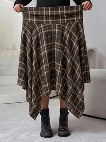 SHEIN CURVE+ New Plus Size High Waist Pleated Asymmetric Hem Skirt Autumn Commuting Date, Winter 2026 22W - Brown - View 7