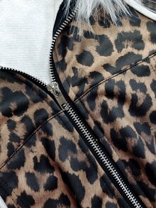 SuriyaCove New Leopard Print Hooded Fur Collar Sweatshirt Jacket & Leopard Print Casual Long Pants 2pcs Set - Multicolor - View 5