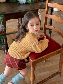 DAZY Infant/Toddler (Girl) Autumn/Winter Long Sleeve Colorblock 3D Korean Style Versatile Cardigan - Khaki - View 2