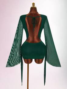 Amplova Romantic Vacation Earthy Tone Low-Cut Draping Collar, Flared Sleeves, Bodycon Mini Dress - Dark Green - View 2