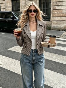 SHEIN 女款秋冬雙色格紋長袖前開短版雙排扣開襟外套 - 棕色 - 查看 5