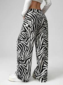 SHEIN EZwear Women's Zebra Print Casual Daily Wear Long Pants - Black and White - View 2