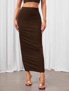 SHEIN Tall 純色鉛筆裙黑色緊身裙，適合高個女性 - 咖啡棕 - 查看 3