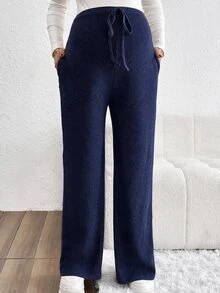 SHEIN 純色前綁帶簡約休閒孕婦長褲 秋季 - 藏蓝色 - 查看 3
