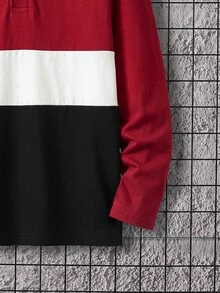 SHEIN 男童純色半鈕扣長袖 Polo T恤，對比色美式復古風，基礎上衣，適合秋冬、校園、家庭聚會，秋季穿搭，冬季穿搭 - 彩色 - 查看 4