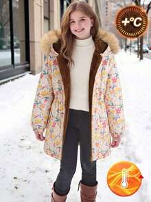 SHEIN Tween Girl 兒童冬季棕色碎花保暖內裡拉鍊外套，彈性腰圍附帽，加厚休閒通勤秋冬外穿外套 - 棕色 - 查看 2
