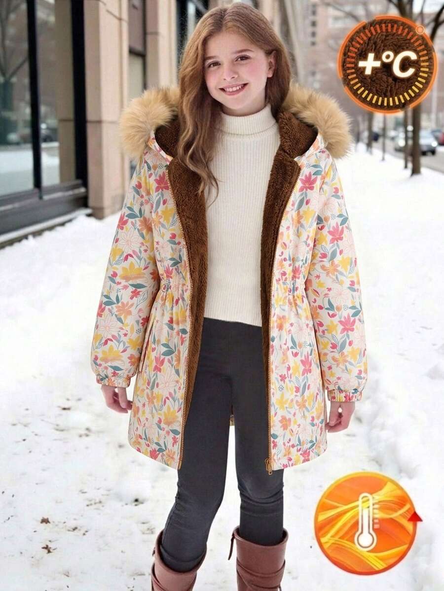 SHEIN 青少年女孩童裝冬季棕色花卉保暖內裡拉鍊連帽外套,彈性腰頭加厚休閒通勤秋冬外套 - 棕色 - 查看 1