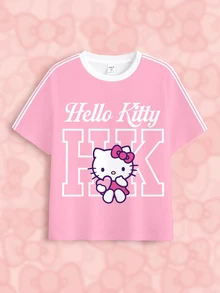 HELLO KITTY AND FRIENDS | SHEIN تي شيرت مخطط بطباعة إنجليزية للفتيات المراهقات، متعدد الاستخدامات للارتداء اليومي - أبيض - مشاهدة 7