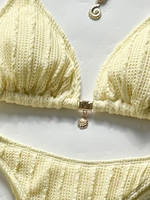 SHEIN Swim 26SS 春夏度假海灘波希米亞風編織棕紅色比基尼泳衣附褲子 3 件套 - 綠色 - 查看 5