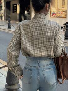 Juhart Dark Brown Plaid Bow Collar Long Sleeve Shirt, Academic Elegant Style, Autumn Daily Work Commute Blouse - Brown - View 2