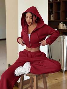 SHEIN EZwear 女款休閒粉色連帽衛衣與運動長褲兩件式居家服套裝 - 酒紅色 - 查看 1