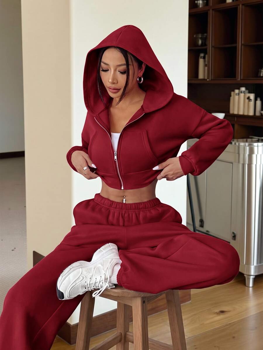 SHEIN EZwear 女款休閒粉色連帽衛衣與運動長褲兩件式居家服套裝 - 酒紅色 - 查看 1