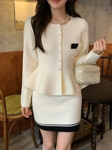 DAZY Women's French Style Button Ruffle Hem Sweater And Striped Knit Skirt 2 Pieces Set - Black and White - View 5