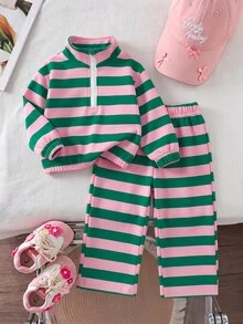 SHEIN 女童卡其棕豹紋保暖內裡兩件套，半拉鍊立領上衣 + 寬腿長褲，加厚保暖內裡 - 彩色 - 查看 1