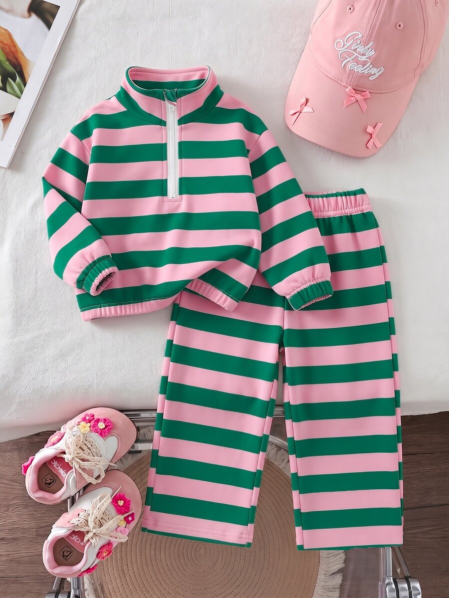 SHEIN 女童卡其棕豹紋保暖內裡兩件套,半拉鍊立領上衣 + 寬腿長褲,加厚保暖內裡 - 彩色 - 查看 1