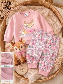 SHEIN Newborn Baby Deer Print Long Sleeve Sweatshirt And Floral Print Long Pants Casual Set - Pink - View 3