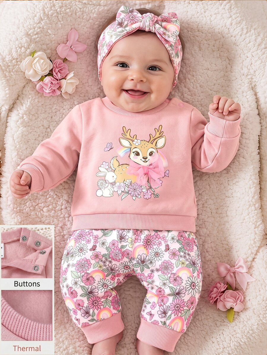 SHEIN Set Kasual Bayi Baru Lahir: Kaos Lengan Panjang Motif Rusa dan Celana Panjang Motif Bunga - Berwarna merah muda - View 1