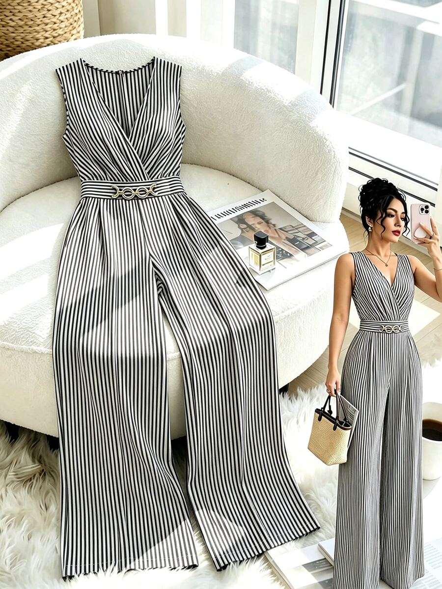GlowEve CURVE Plus Size Women's Elegant Solid Color V-Neck Sleeveless Gold Decor Waist Buckle Cinched Waist Wide Leg Jumpsuit, Suitable For Spring/Summer Commute And Daily Wear - Black and White - View 1