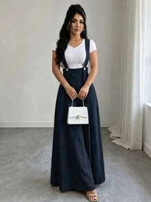 GlowEve 女款純色鈕扣設計寬腿寬鬆連身褲 - 藏蓝色 - 查看 4
