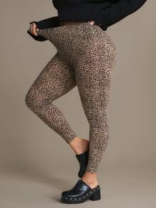 Freevana Legging Fashion Ketat Pinggang Tinggi Motif Leopard untuk Wanita Ukuran Plus - MultiWarna - View 3