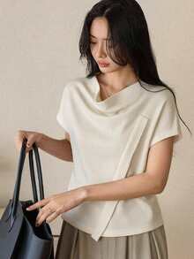 Dazy-Less Women's Korean Style Minimalist Ribbed Draped T-Shirt For Daily Wear - Light Yellow - View 3