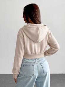 SHEIN PETITE 女款純色前拉鍊長袖口袋極簡連帽外套，休閒日常穿著，畢業季長袖上衣，秋冬返校穿搭，畢業季女裝，教師專業服飾，秋冬返校服飾 - 卡其色 - 查看 2