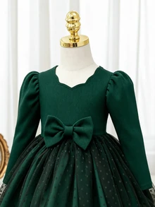 SHEIN 女嬰酒紅色長袖公主洋裝，嬰兒羅紋針織上衣黑色波點網紗蓬蓬裙禮服，蝴蝶結設計，適合聖誕節、1歲生日派對、秋季，可愛風格 - 墨綠色 - 查看 4