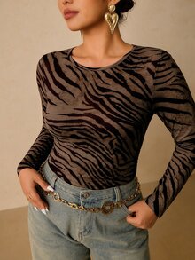 Travachic Plus Size Korean Style Zebra Print Long Sleeve T-Shirt - Multicolor - View 4