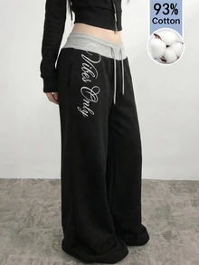 SHEIN Teen Girl Patchwork Waistband Embroidered Drawstring Sweatpants - Black - View 2
