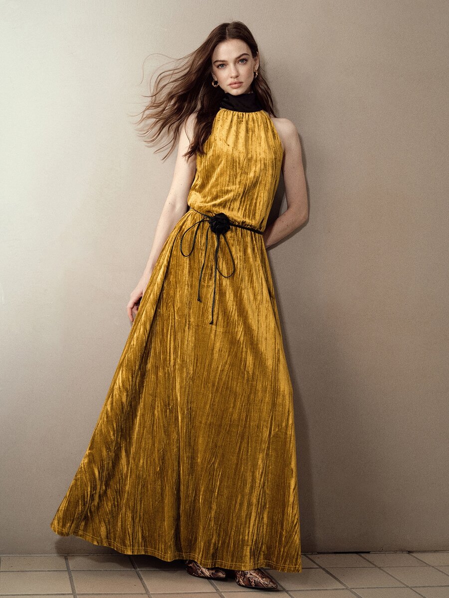 MOTF PREMIUM GOLD HALTER NECK PLEATED EVENING DATE LONG DRESS - Gold - View 1